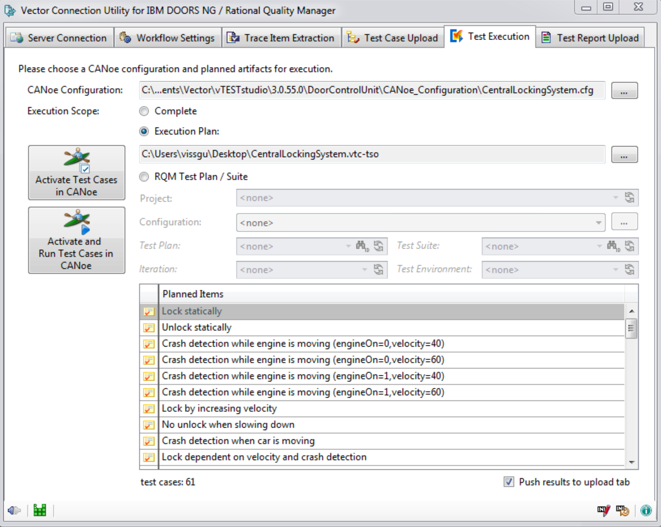 In test execution, choose the execution scope, see planned items and test cases and interact with them